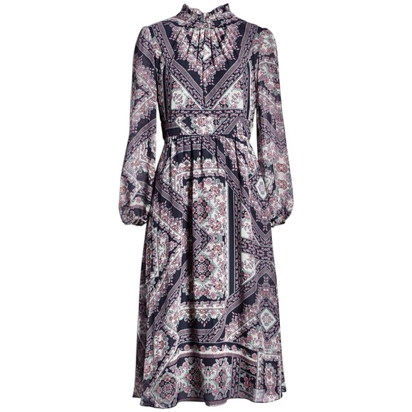 Julia Jordan Mock Neck Long Sleeve Midi Dress Size 6 Tile Floral‎ Pleated Modest - Picture 1 of 16